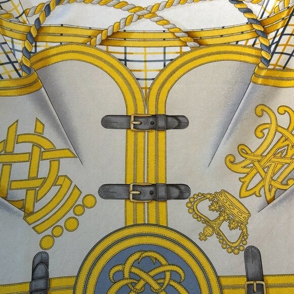 Vintage Hermes Grande Tenue Silk Scarf Blues and Golden Yellow - Picture 9 of 13